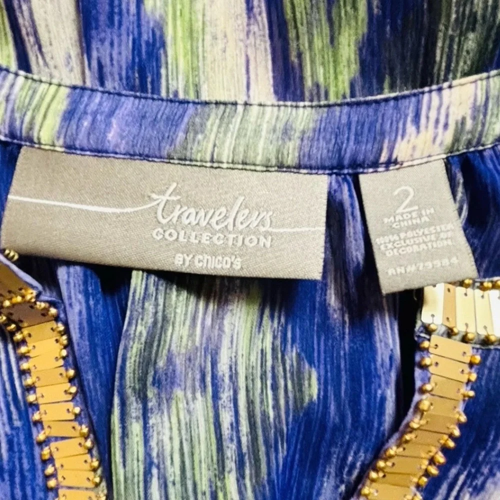 Chicos 2 Travelers Size Large Semi Sheer Blouse Purple 3/4 Sleeve Gold Trim Top - Picture 4 of 10